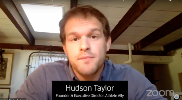 Screenshot of Hudson Taylor talking on PCA zoom panel about LGBTQ+ athletes